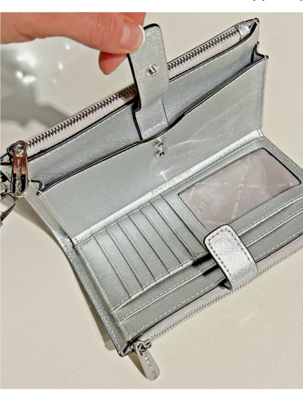 Michael Kors Jet Set Travel Double Zipper Leather Wristlet Wallet Clutch SILVER - Picture 8 of 13